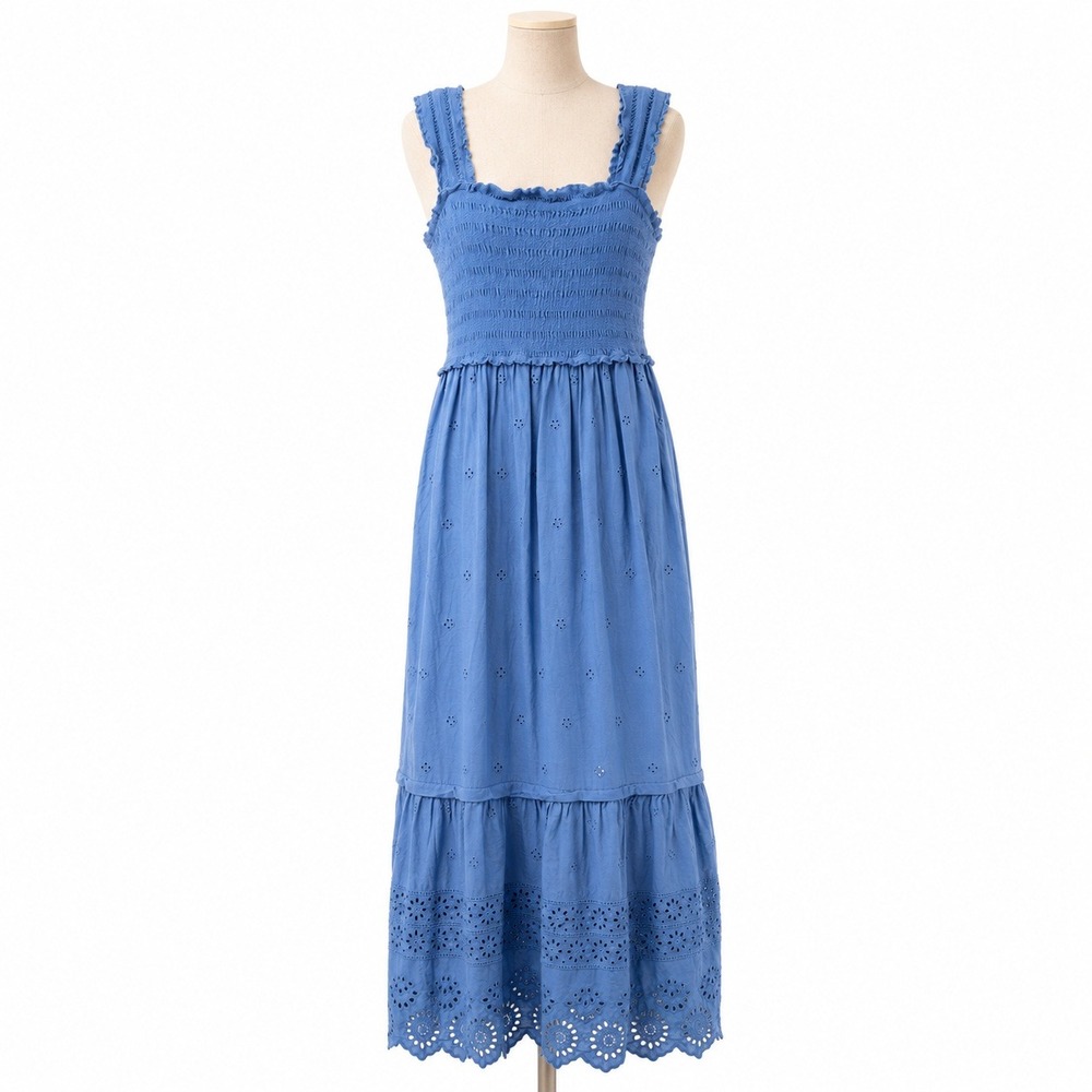 Betsey Johnson Eyelet Tiered Peasant Maxi Dress Sz M Blue Smocked Ruffle Prairie